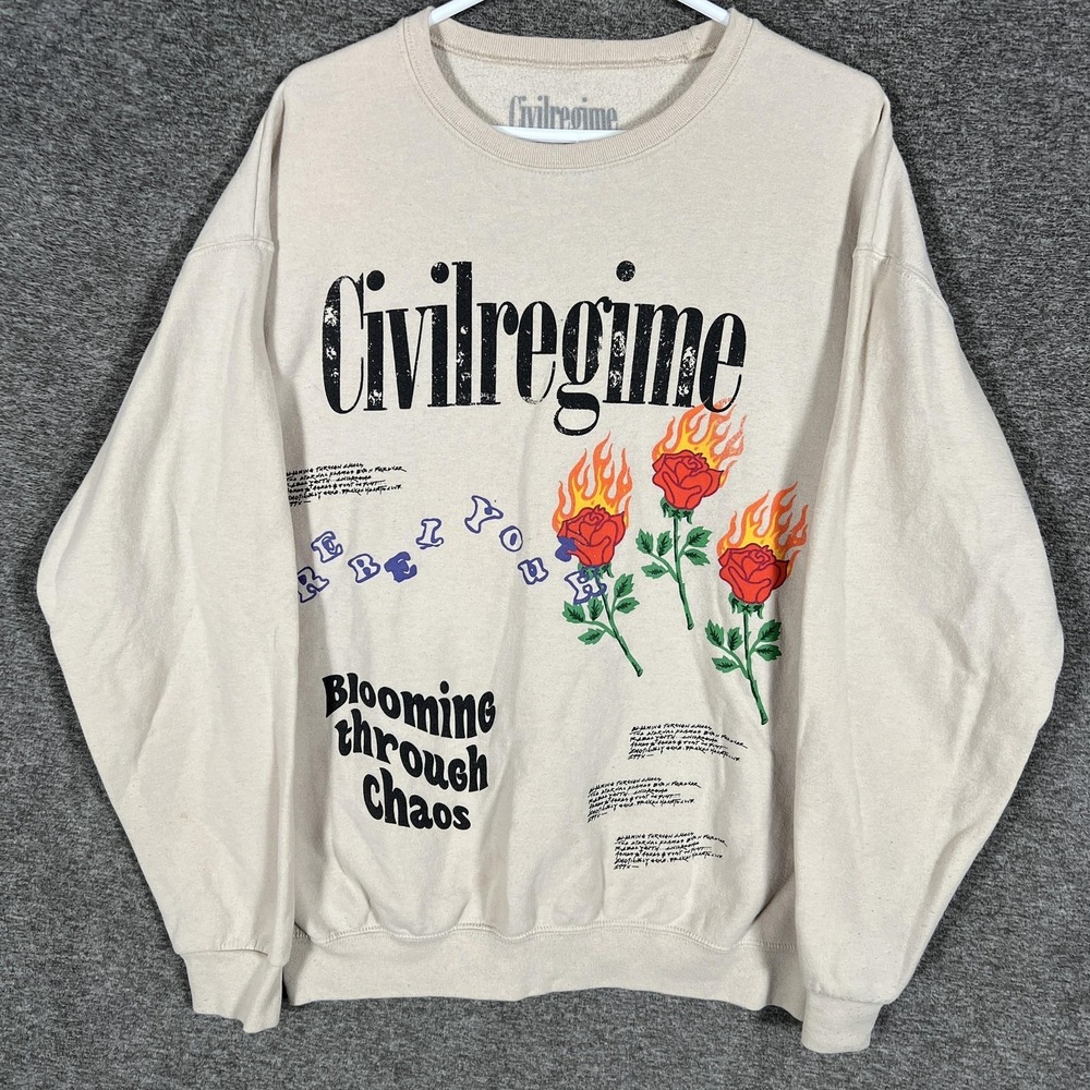 Civil Regime Sweatshirt Mens Large Beige‎ Blooming Through Chaos Roses Graphic